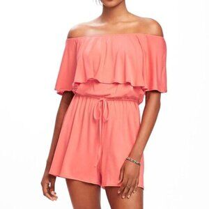 OLD NAVY Ruffle-Trim Swim Off-Shoulder Romper Pink Sz S Flawed